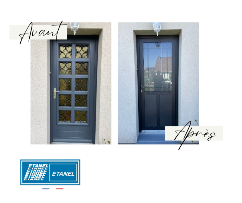 Porte d'entrée aluminium noir sur mesure posée en dépose totale à Roumare par ETANEL