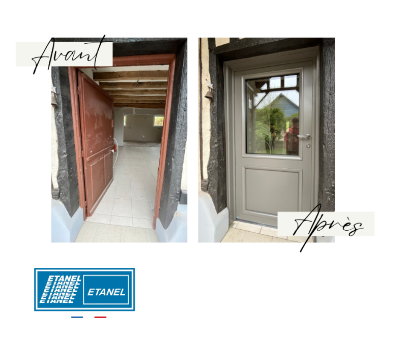 avant après porte entrée aluminium normandie ETANEL BEL'M bicoloration vitrage soubassement 