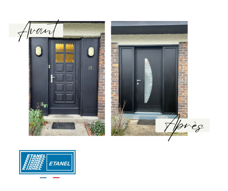 Porte d'entrée aluminium noir RAL 9005 sur mesure installée à Jumièges en Seine-Maritime par ETANEL