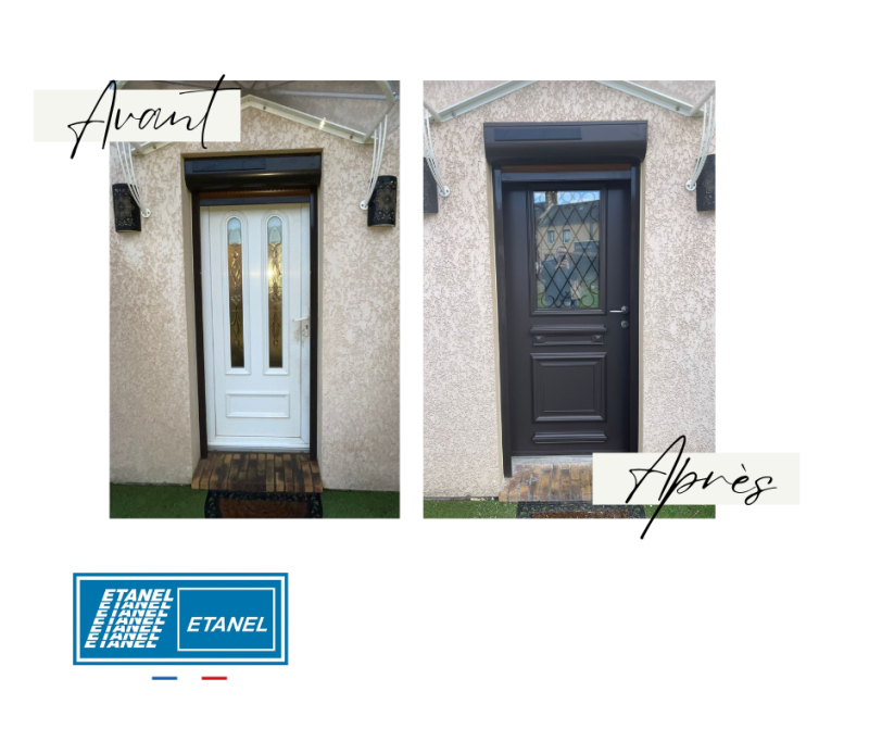 Installation porte d'entrée aluminium SPENCER 1 RAL 8019 mat avec volet roulant solaire à Jumièges 76