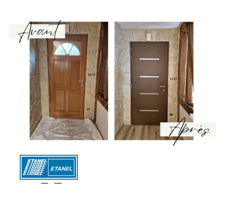 Porte d'entrée aluminium brun RAL Mars 2525 modèle DERCETO EURADIF pose en applique Normandie