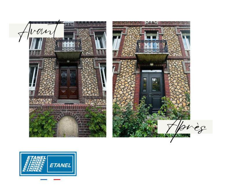 Avant Après Porte d’entrée en aluminium modèle Spencer 1 blanche intérieur noir extérieur installation à Barentin